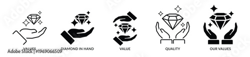 Diamond in hand icon set. Set of valuable, quality icon - Stock Vector
