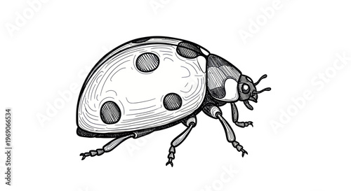 Hand-drawn ladybug illustration, black and white sketch, entomology art, insect drawing