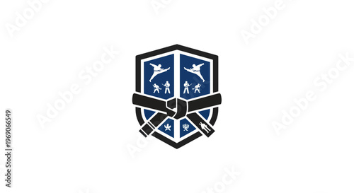 Martial Arts Emblem: Karate Belt, Fighters, Shield, Stars - Sport Logo