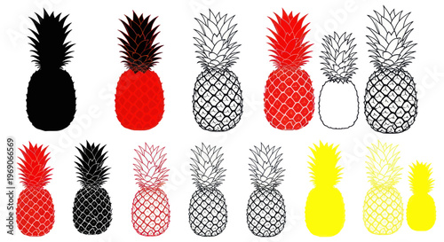 Pineapple Variety Collection: Silhouettes, Outline, Red, Black, Yellow