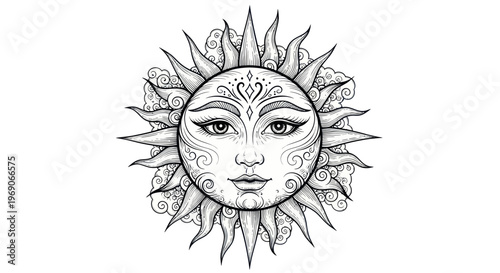 Mystical Sun Face with Rays and Clouds, Hand-Drawn Style