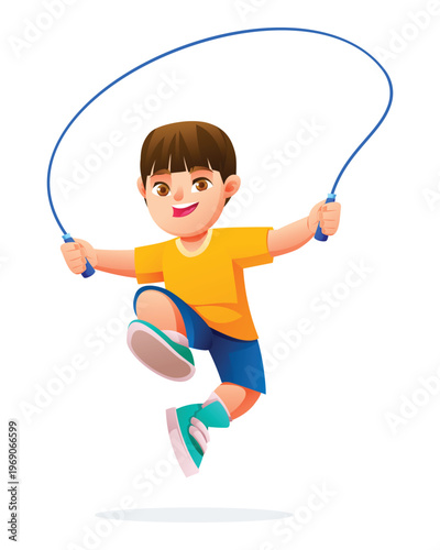 Energetic young boy skipping rope with high jump action. Vector cartoon character illustration