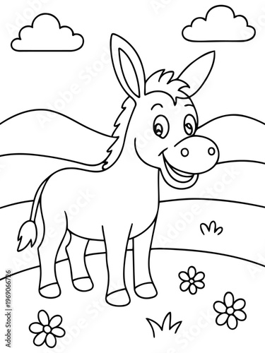 Smiling Donkey in Meadow Illustration: A cheerful donkey stands gracefully in a vibrant meadow, surrounded by playful flowers and fluffy clouds, exudes an inviting charm and innocence
