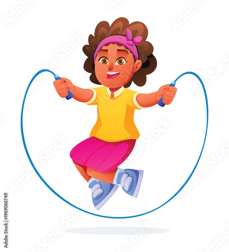 Cheerful girl with headband skipping rope in active motion. Vector cartoon character illustration