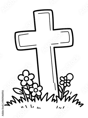 Memorial's Embrace: An outline of a cross on a grassy knoll, surrounded by simple flowers, evoking a sense of serenity and remembrance.