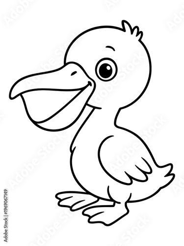 Cute Cartoon Pelican: A charming outline illustration of a baby pelican, offering a delightful scene of avian simplicity and innocent charm.