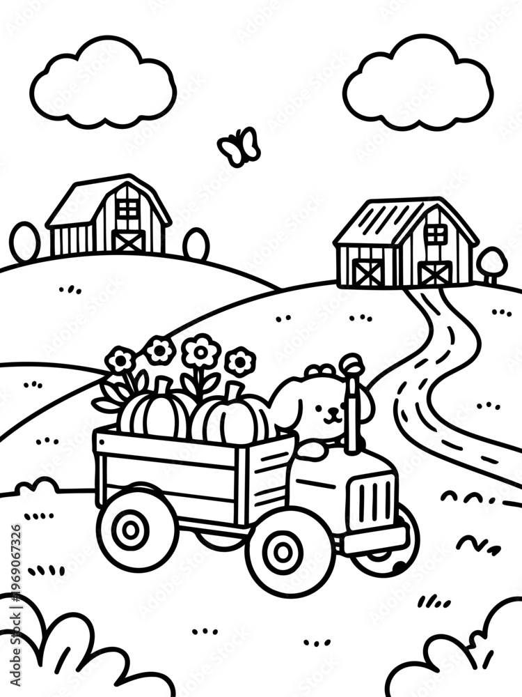 Naklejka premium Whimsical Farm Harvest: An adorable dog drives a tractor filled with pumpkins and flowers along a winding road, with two barns standing watch under a cheerful sky.