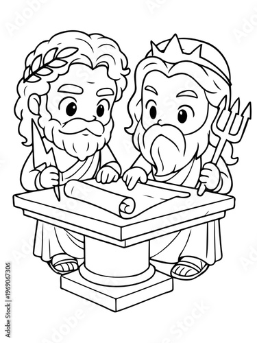 Ancient Gods and Parchment: Depicting two revered deities engrossed in the creation of a significant scroll, with a crown and trident. Capturing the essence of mythology and creative collaboration.