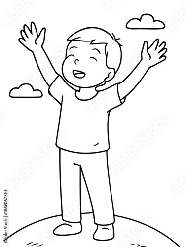 Joyful Ascent: A young boy joyfully stretches his arms towards the sky, embracing the open air with carefree delight. Capturing the pure essence of youthful exuberance and boundless freedom.