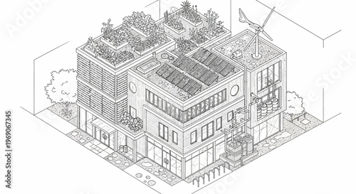 Isometric line drawing of a sustainable urban building complex with green roofs, solar panels, and a wind turbine.