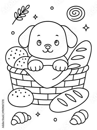 Puppy in Bakery Basket: An adorable puppy peers out from a wicker basket overflowing with freshly baked bread, croissants, and other pastries. A charming, cozy scene that evokes warmth, comfort.