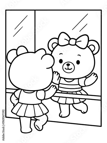 Bear's Reflection in the Mirror: A cute bear cub, adorned in a ballet attire, practices elegant ballet moves in front of mirror, capturing graceful ballet practice.