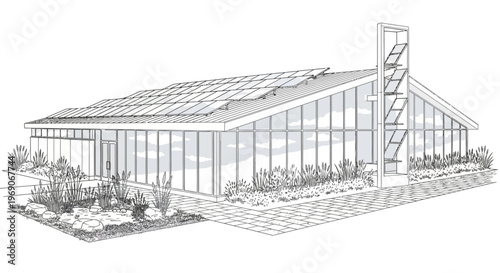 Detailed architectural sketch of a modern building with solar panels and large windows, featuring landscaping.