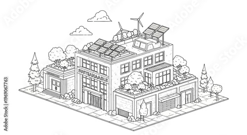 Isometric line art drawing of a sustainable building complex with solar panels, wind turbines, and green roofs.