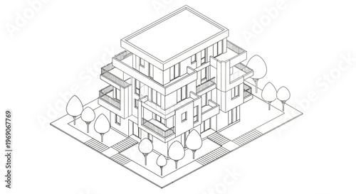 Isometric line drawing of a modern multi-story apartment building with balconies and surrounding trees.