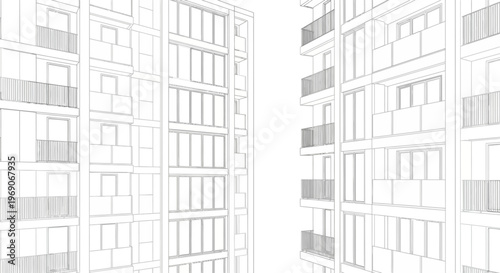 Minimalist wireframe rendering of two modern high-rise buildings with repetitive window and balcony structures, architectural design concept.