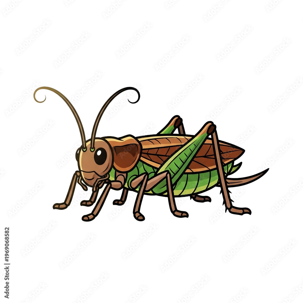 Fototapeta premium Cartoon grasshopper illustration: a detailed, stylized depiction of a brown and green grasshopper with large eyes and prominent antennae, set against a light background.