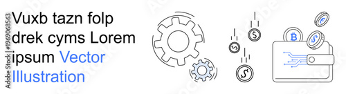 Financial technology, cryptocurrency, blockchain, payments, digital transactions, fintech. Includes wallet with currency symbols, coins and gears. Financial technology and cryptocurrency