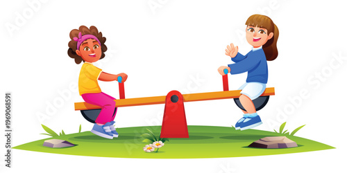 Two happy girls playing and waving on a seesaw at the playground park. Vector cartoon illustration