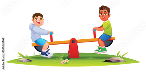 Two cheerful young boys playing and balancing on a seesaw in the park. Vector cartoon illustration