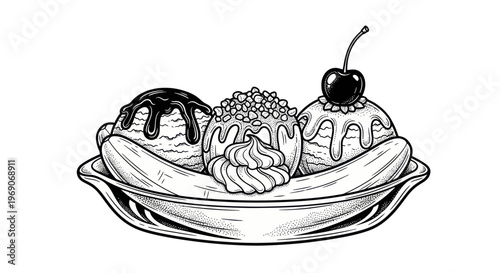 Foto Banana Split Ice Cream Dessert with Cherry and Chocolate Drizzle - Hand Drawn St
