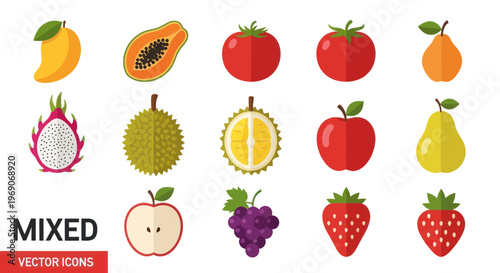 Assorted Fresh Fruits Vector Icons Set, Healthy Food Collection