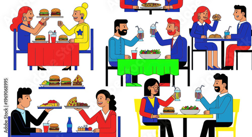 Diverse people enjoying meals and drinks in a lively restaurant setting, flat design