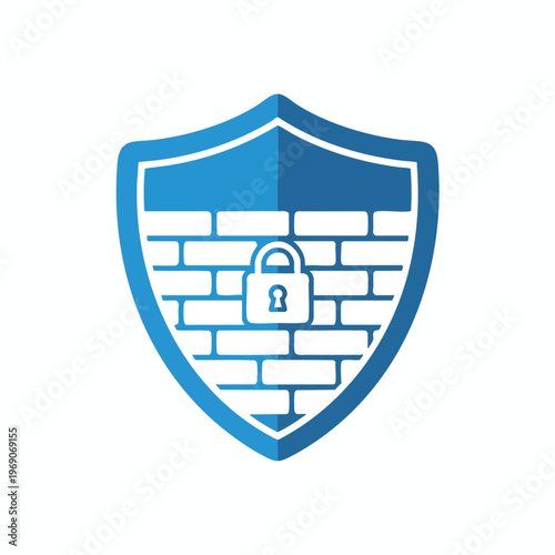 Blue shield with brick pattern and padlock, representing security