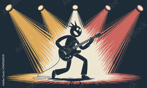 Punk Rock Stick Figure Musician Playing Electric Guitar on Stage