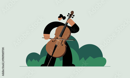 Stylized Illustration of a Woman Playing Cello Outdoors