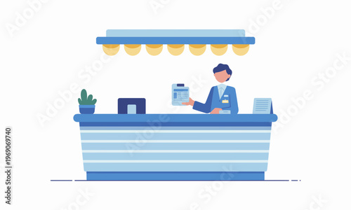 Professional Receptionist at Front Desk Holding Clipboard Illustration