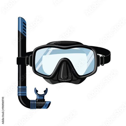 Black diving mask with blue snorkel tube, isolated on white