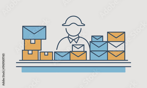 Postal Worker Sorting Mail and Packages Illustration