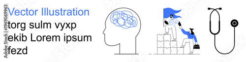 Mental health awareness, teamwork, healthcare, support, problem-solving, diagnosis symbols. A brain with intertwined lines, two people collaborating and a stethoscope. Mental health and teamwork