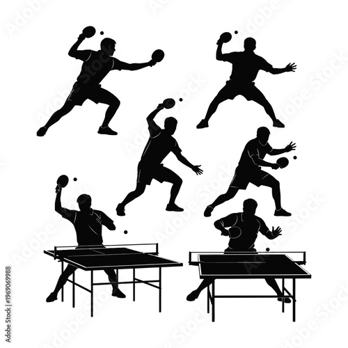 Six Table Tennis Player Silhouette Set Isolated Vector Illustration Ping Pong Sport Collection