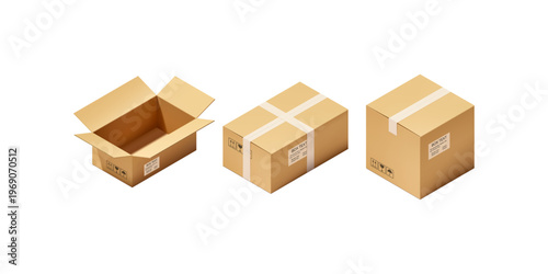 Cartoon cardboard boxes set open and closed shipping parcels with fragile signs delivery packaging collection for logistics ecommerce moving service and warehouse illustration