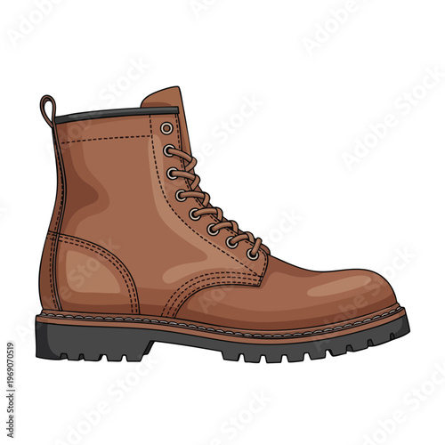 A classic brown leather work boot with detailed stitching and a sturdy lug sole