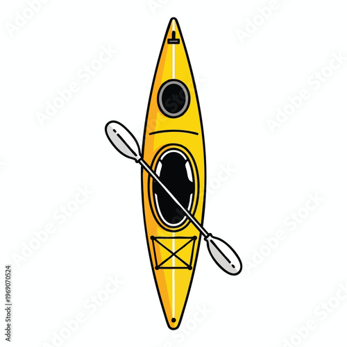 A yellow kayak with a paddle rests on a white background, ready for adventure