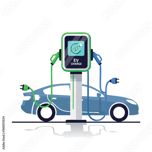 A blue electric vehicle connected to a charging station with two plugs