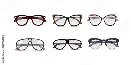 Collection of eyeglasses in realistic style with various modern optical frames isolated on transparent background vision care fashion accessory set for branding display design