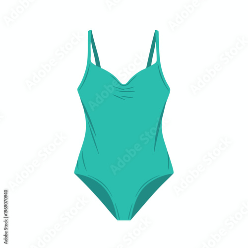Teal one-piece swimsuit with spaghetti straps and ruched neckline