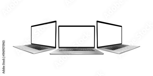 Collection of laptops with empty screen isolated on transparent background realistic 3d render modern computer devices mockup for presentation branding display