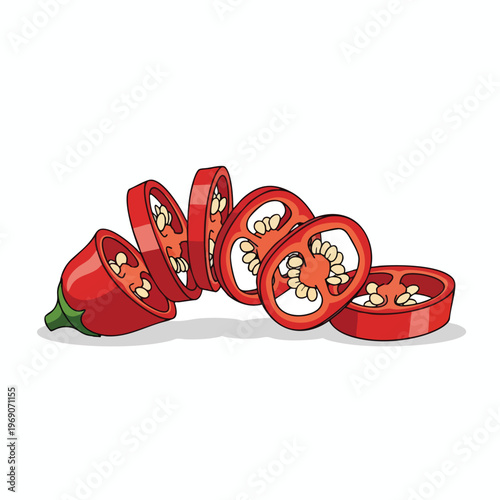Sliced red chili pepper with seeds, cast in a playful, graphic style