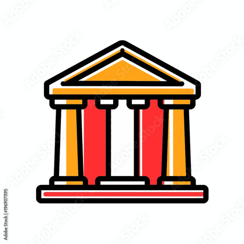 A colorful graphic illustration of a classical style building. The building features pillars and a triangular roof
