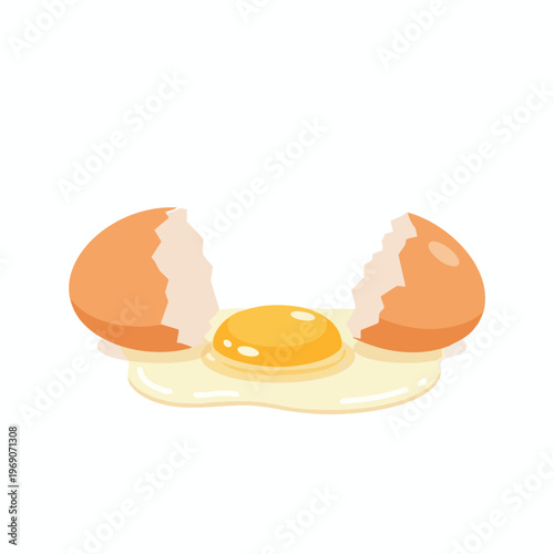 Cracked egg with yolk and albumen spilling out on a white background