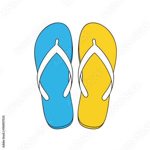 Two colorful flip-flops, one blue, one yellow, with white straps, displayed against a white background