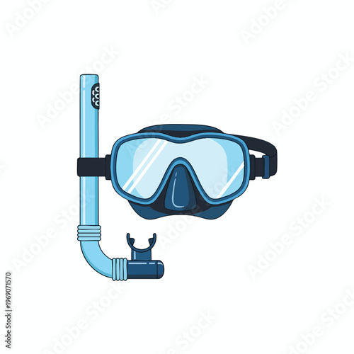 Blue snorkeling mask and snorkel set with detailed outlines