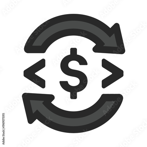 An illustration of currency exchange with a dollar symbol and arrows
