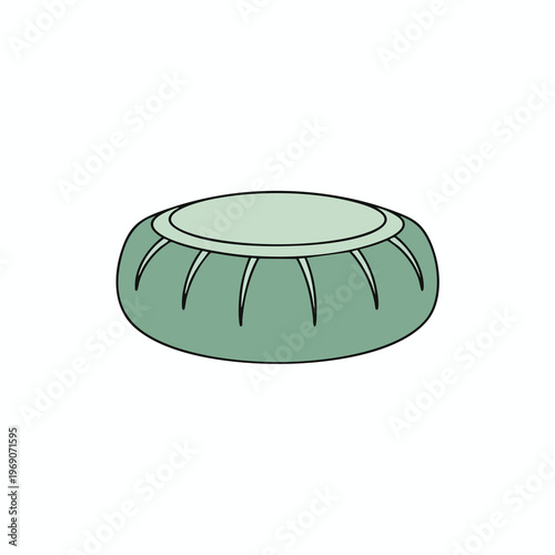 A round, light green, low pouf with curved sides and top
