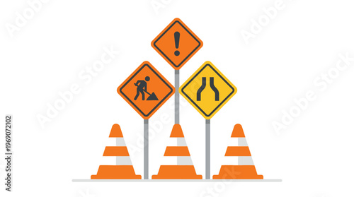 Road Construction and Maintenance Vector Illustration with Traffic Cones and Warning Signs